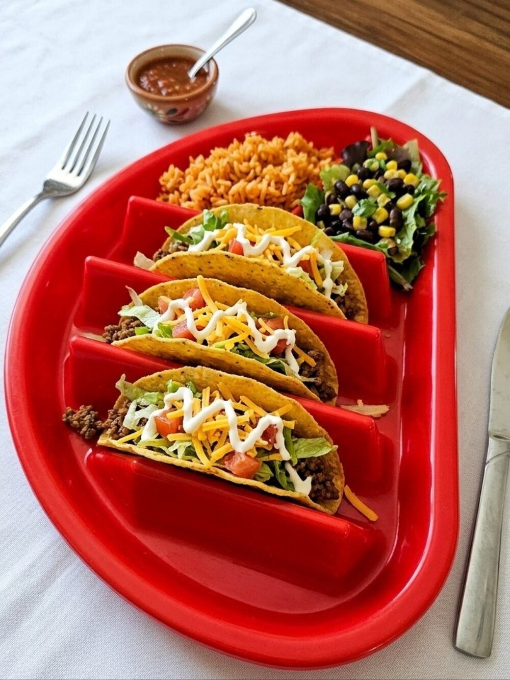 Set Of Two Red Fiesta Taco Plate Sectioned To Hold Three Tacos & Sides NWOT